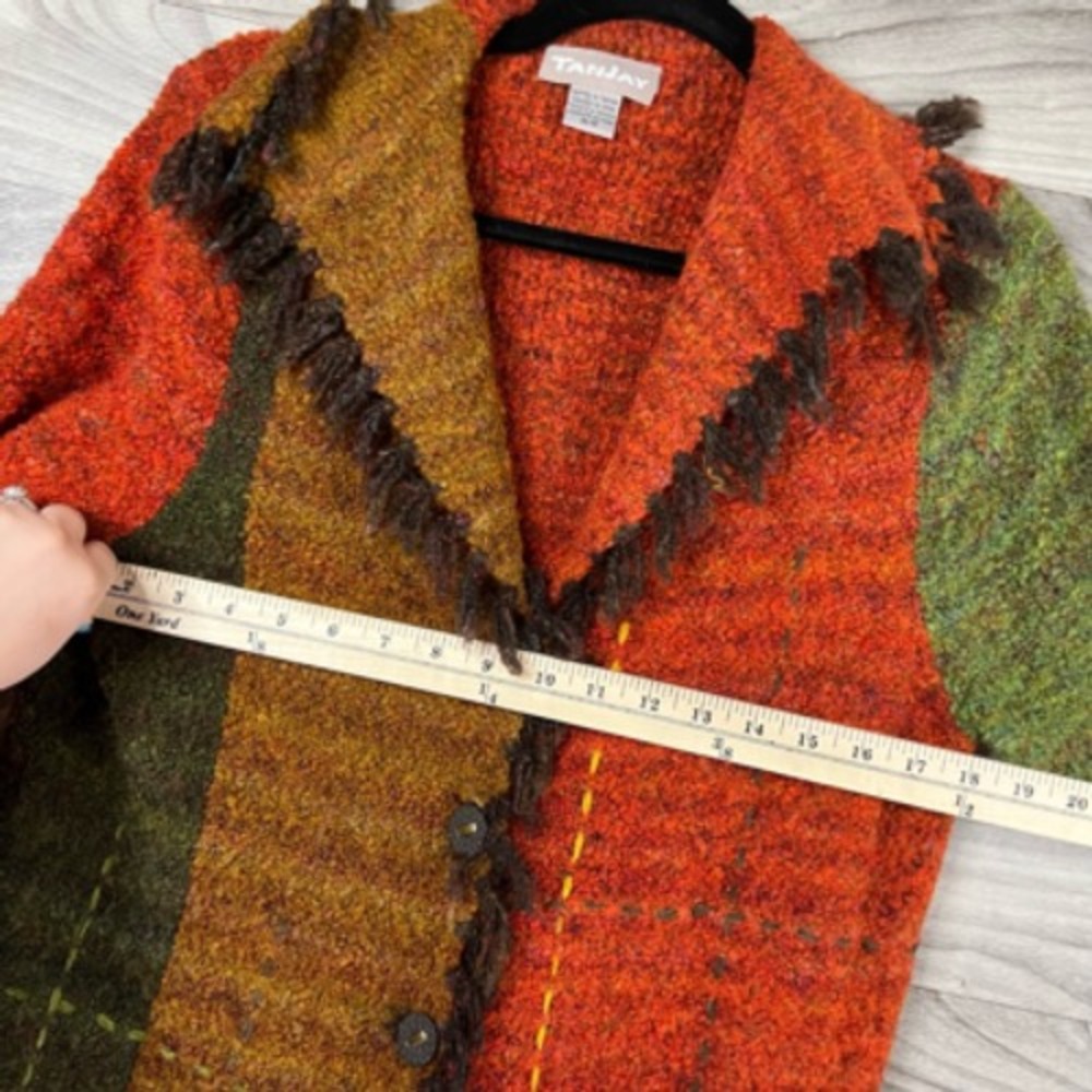 TanJay Womens Cardigan Sweater Multicolor Color Block Fringes Collared Button M‎ - Picture 9 of 12